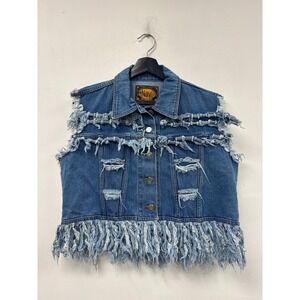 Vintage Navi Vest Womens Large Blue Denim Fringe Distressed Western Grunge Y2K